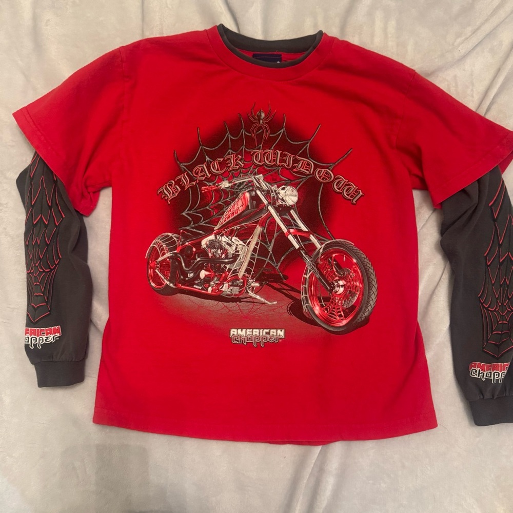 American Chopper Black Widow Shirt Youth‎ L 2004 Spiderweb Sleeves Rare Y2K